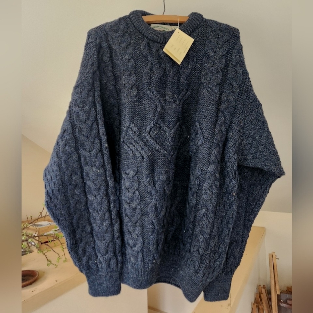 NWT, Aran Crafts Irish Wool Cableknit Sweater, Blue, Size Large